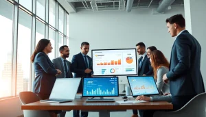 Logo muhasebe programı displayed in a professional office setting with engaged businesspeople.