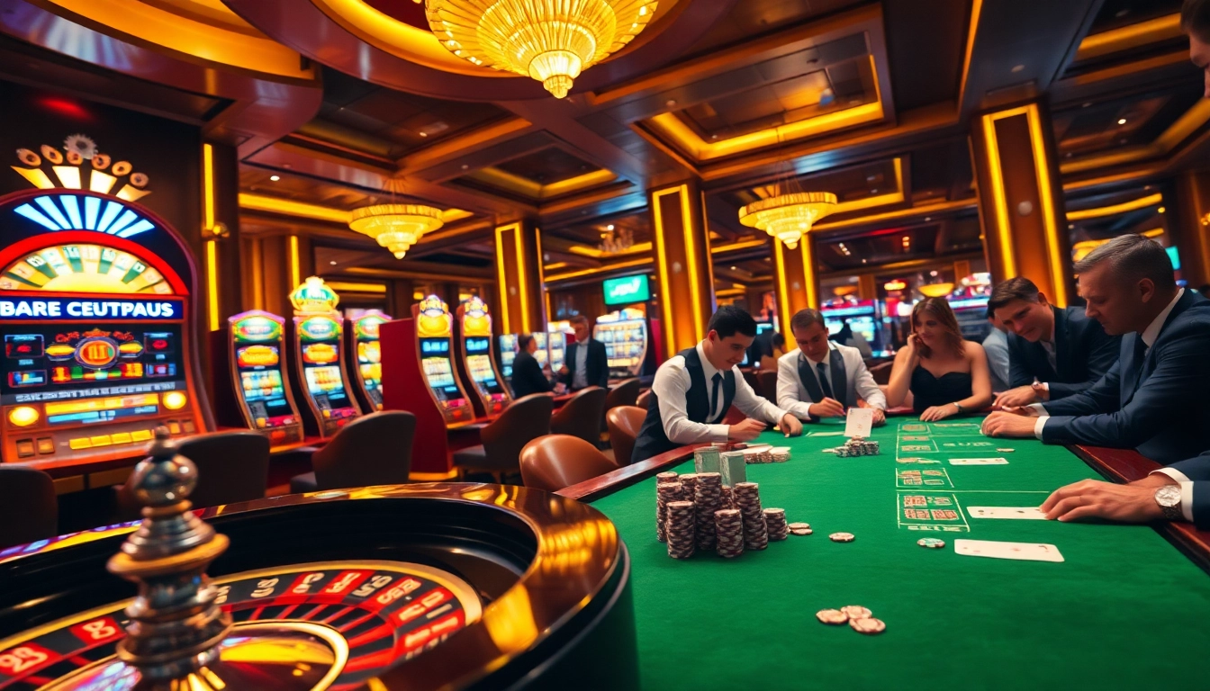 Experience the excitement of Tha bet with players engaged in high-stakes casino games and vibrant slot machines.