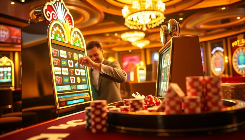 Exciting doaslot action with players engaged at vibrant slot machines in a luxurious casino.