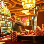 Exciting doaslot action with players engaged at vibrant slot machines in a luxurious casino.