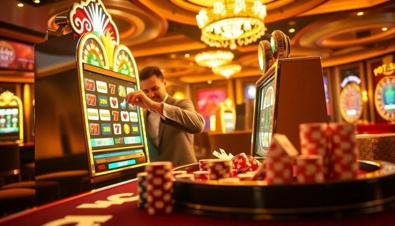 Exciting doaslot action with players engaged at vibrant slot machines in a luxurious casino.