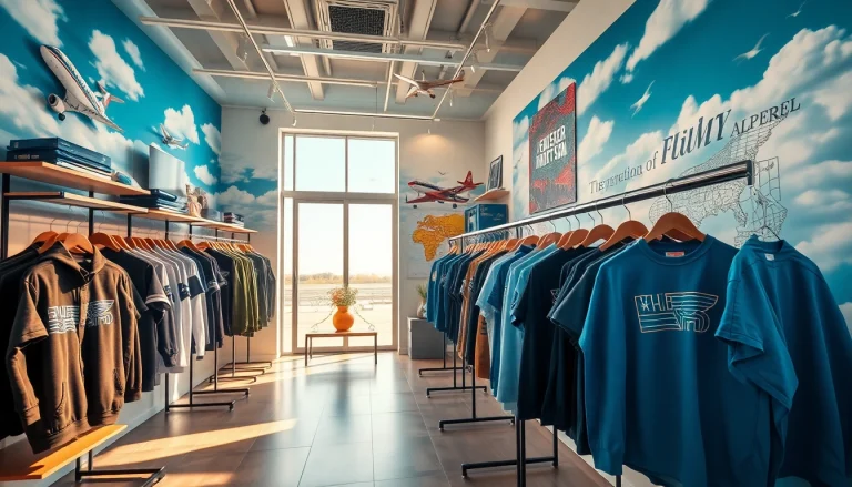 FLY88 aviation-inspired apparel shop showcasing stylish clothing in a dynamic, inviting environment.