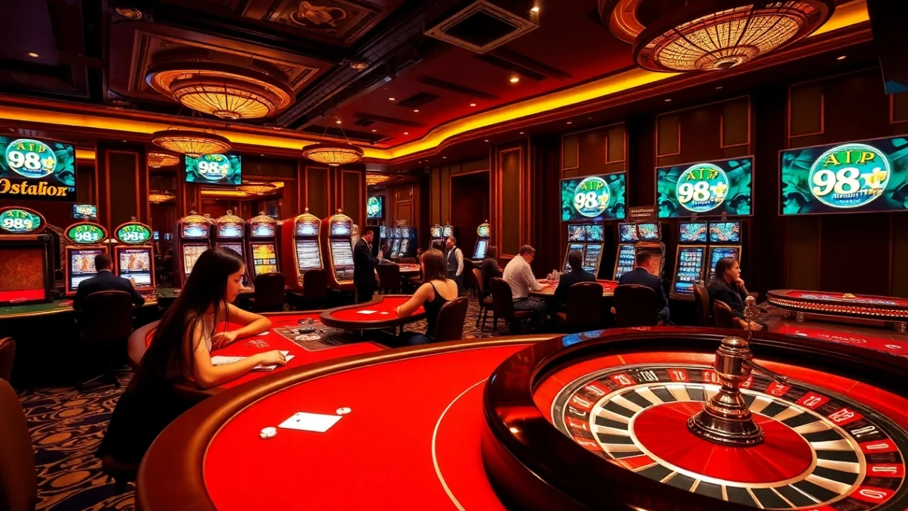 Experience the thrill of app 98win in an upscale casino atmosphere with vibrant games and players.