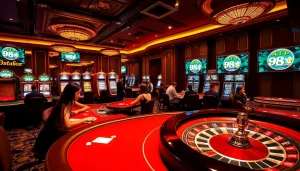 Experience the thrill of app 98win in an upscale casino atmosphere with vibrant games and players.
