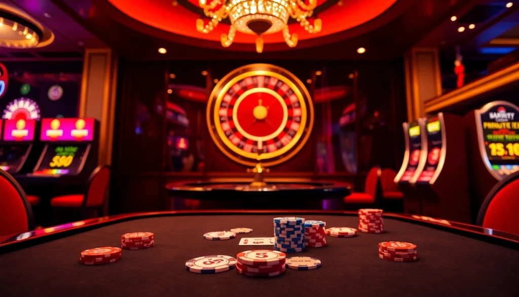 Play high-stakes poker at a luxurious casino with vibrant s8-themed decor and professional gaming tables.
