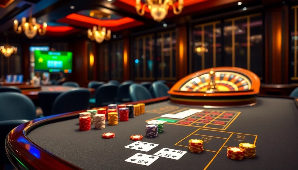 Experience exciting gameplay at https://f168.studio/ with engaging baccarat and roulette tables surrounded by vibrant casino elements.