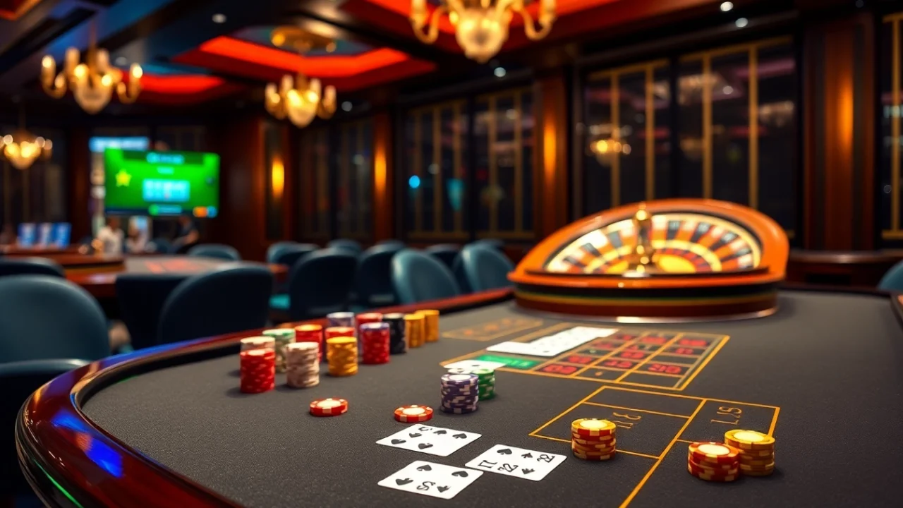 Experience exciting gameplay at https://f168.studio/ with engaging baccarat and roulette tables surrounded by vibrant casino elements.