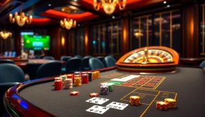 Experience exciting gameplay at https://f168.studio/ with engaging baccarat and roulette tables surrounded by vibrant casino elements.