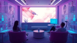Explore a futuristic interactive space for sex AI, showcasing digital interfaces and inviting design.