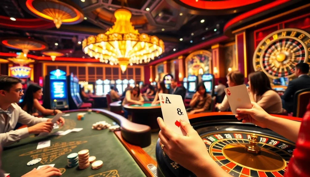 Experience the thrill of Luck8 with players at high-stakes tables enjoying luxurious casino games.