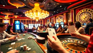 Experience the thrill of Luck8 with players at high-stakes tables enjoying luxurious casino games.