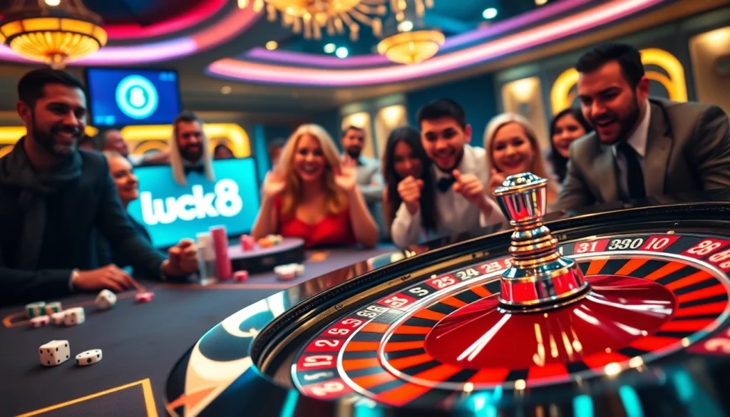 Luck8 showcases thrilling casino games with excited players at the roulette table.