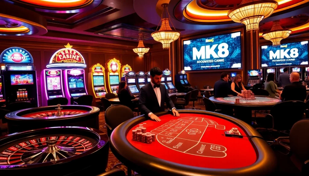 Engaging gamblers at MK8 casino tables with lively games and vibrant decor.