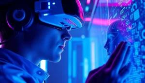 Captivating futuristic scene of an individual interacting with an NSFW AI companion in a virtual reality setting.