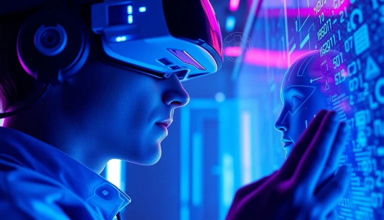 Captivating futuristic scene of an individual interacting with an NSFW AI companion in a virtual reality setting.
