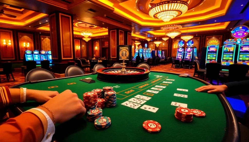 Experience the thrill of 98win10 with poker chips and a roulette wheel on an elegant casino floor.