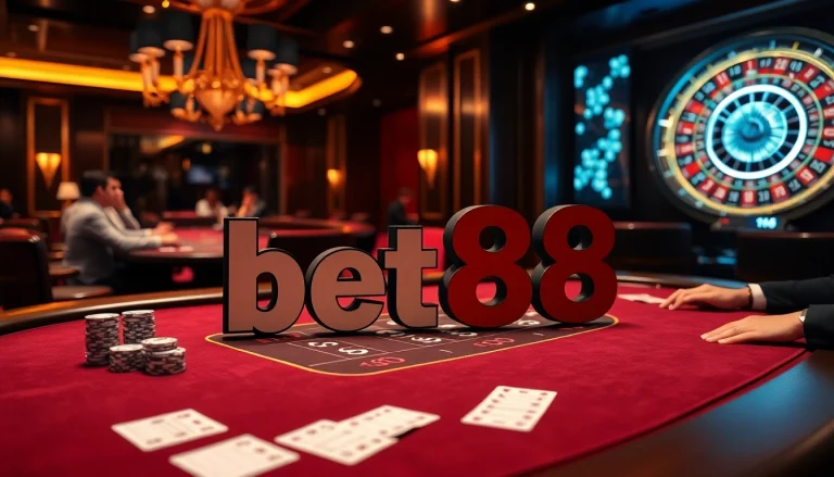 Experience thrilling gameplay at Bet88's luxurious casino with poker action and vibrant ambiance.