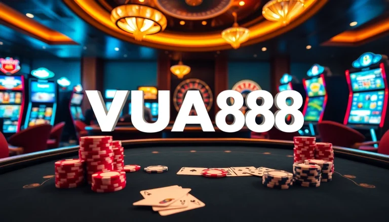 Experience thrilling gameplay at VUA88 casino with vibrant poker tables and dynamic slot machines.