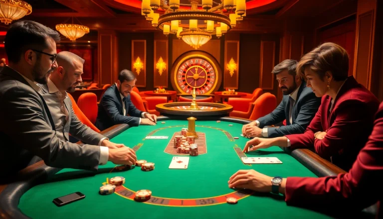 Players placing bets at a high-stakes poker table in a luxurious casino setting, embodying the thrill of XX88 gambling.