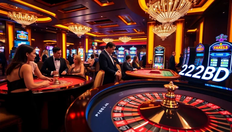 Exciting poker game and roulette table scene at the luxurious casino 222BD.