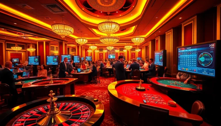 Excited players enjoying a luxurious casino experience at go88.audio, featuring roulette and poker games.