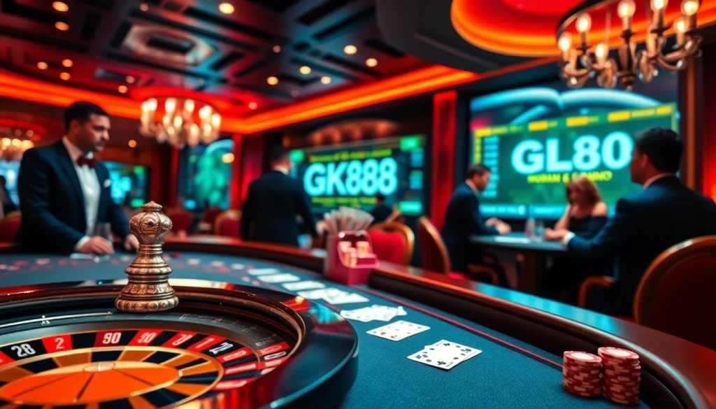 Exciting casino ambiance featuring GK88 betting action at luxury tables.