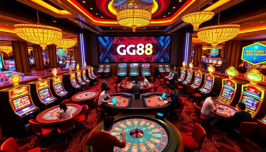 Experience the excitement of Gg88 Tech at a lavish casino with dynamic gaming tables and vibrant slot machines.