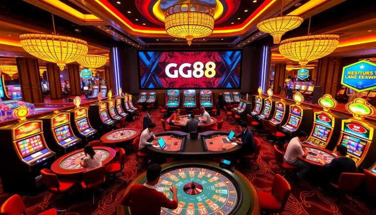 Experience the excitement of Gg88 Tech at a lavish casino with dynamic gaming tables and vibrant slot machines.