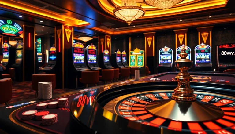 Experience thrilling gameplay at 88vv's vibrant casino, featuring roulette and poker tables.