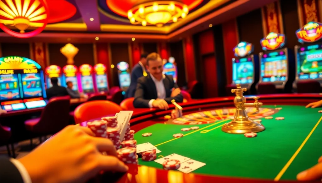Players engaged at the poker table in a luxurious casino scene on https://1haywin.us.com/, featuring vibrant games and betting action.