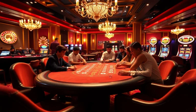 Players enjoying a thrilling poker game at 33win casino, showcasing luxury and excitement.