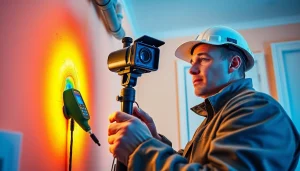Leak detection technician using advanced thermal imaging technology to locate hidden water leaks in a home.