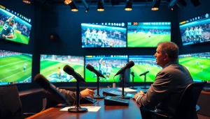 Announcer in a sports broadcasting studio passionately commentating on various events.