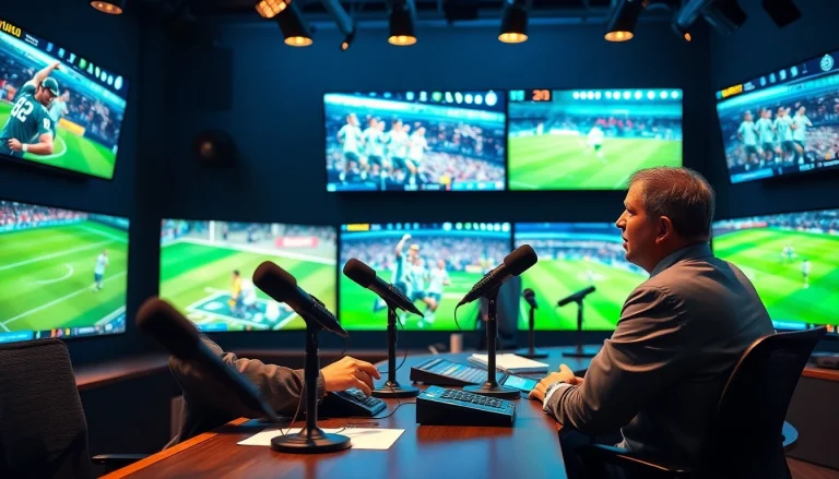 Announcer in a sports broadcasting studio passionately commentating on various events.