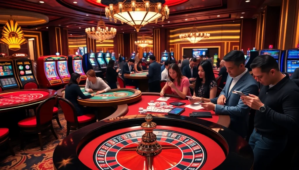 Exciting gambling scene at https://rr8888.in.net/ with casino tables, slot machines, and engaging players.