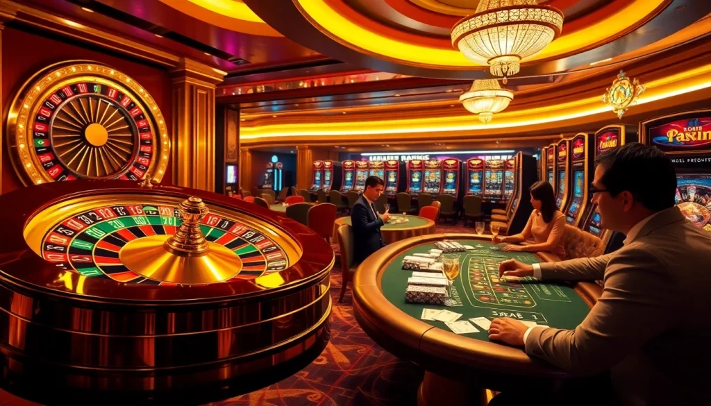 Experience the thrill of wagering at https://13win.vegas/ with an elegant casino setting showcasing vibrant slot machines and poker action.