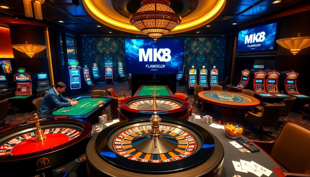 Engage in thrilling bets at MK 8's luxurious casino, featuring vibrant gaming tables and action-packed roulette.