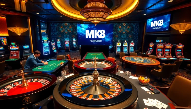 Engage in thrilling bets at MK 8's luxurious casino, featuring vibrant gaming tables and action-packed roulette.
