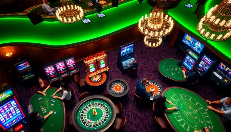 RIKVIP casino scene with players at poker tables and vibrant slot machines.