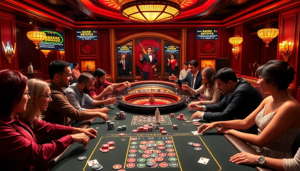 Engaging players at a BL555 casino table with colorful chips and cards.