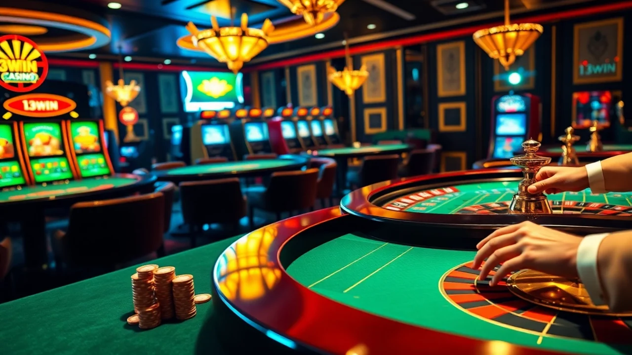 Action-packed scene of a player betting at 13win casino tables with poker chips and roulette wheel.