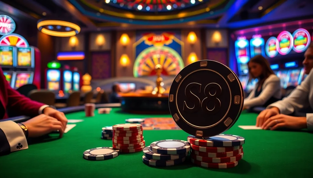 Engaging scene showcasing S8-themed poker chips and a roulette wheel at an upscale casino table.