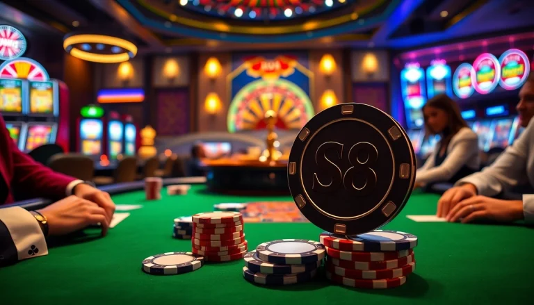 Engaging scene showcasing S8-themed poker chips and a roulette wheel at an upscale casino table.