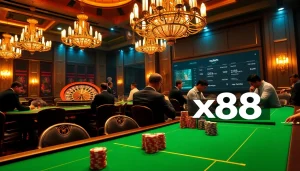 Engaging players at x88 poker tables amid a vibrant casino atmosphere.