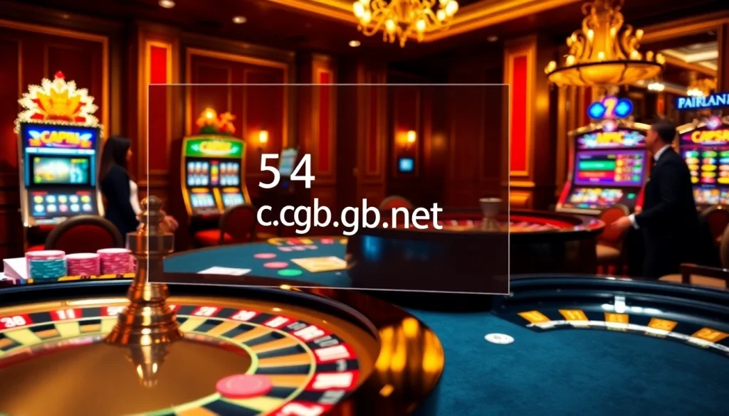 Exciting gambling scene at c54.gb.net with poker chips, cards, and roulette wheel.