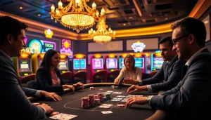 Players engaging at the Luck8 casino table, showcasing excitement and luxury in high-stakes poker.