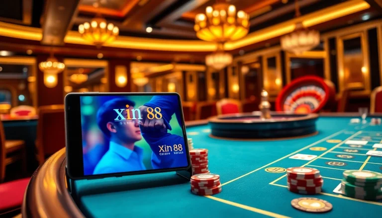 Experience the thrill of gambling with the xin88 tải app showcasing a luxurious casino scene.