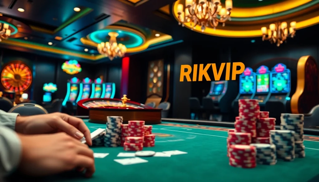 Exciting casino game scene illustrating https://rikvip1.store/tac-gia-rikvip/ with luxurious poker tables and roulette wheels.