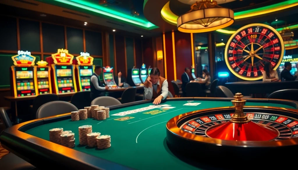 Winning with 98win at an exciting casino table, showcasing poker chips, cards, and a roulette wheel.
