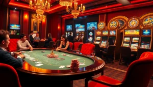 Exciting poker scene showcasing 8KBET gaming action with luxurious decor and vibrant casino elements.